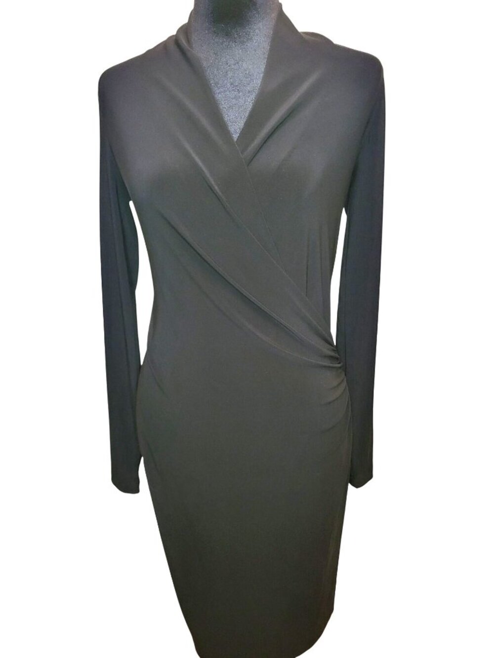 Norma Kamali Black Jersey Knit Faux Wrap Dress Ruching XS Party Cocktail Classic